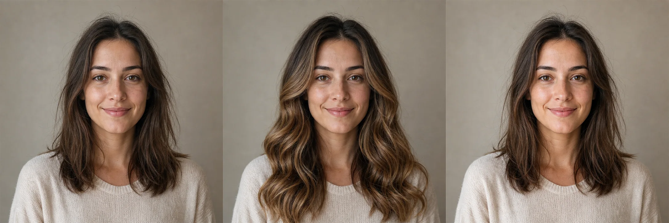 Three-panel portrait showing an original image, a caramel waves hairstyle transformation, and a natural light enhancement