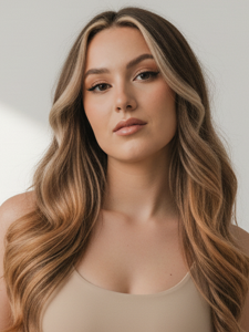 Example of a long wavy caramel balayage hairstyle effect